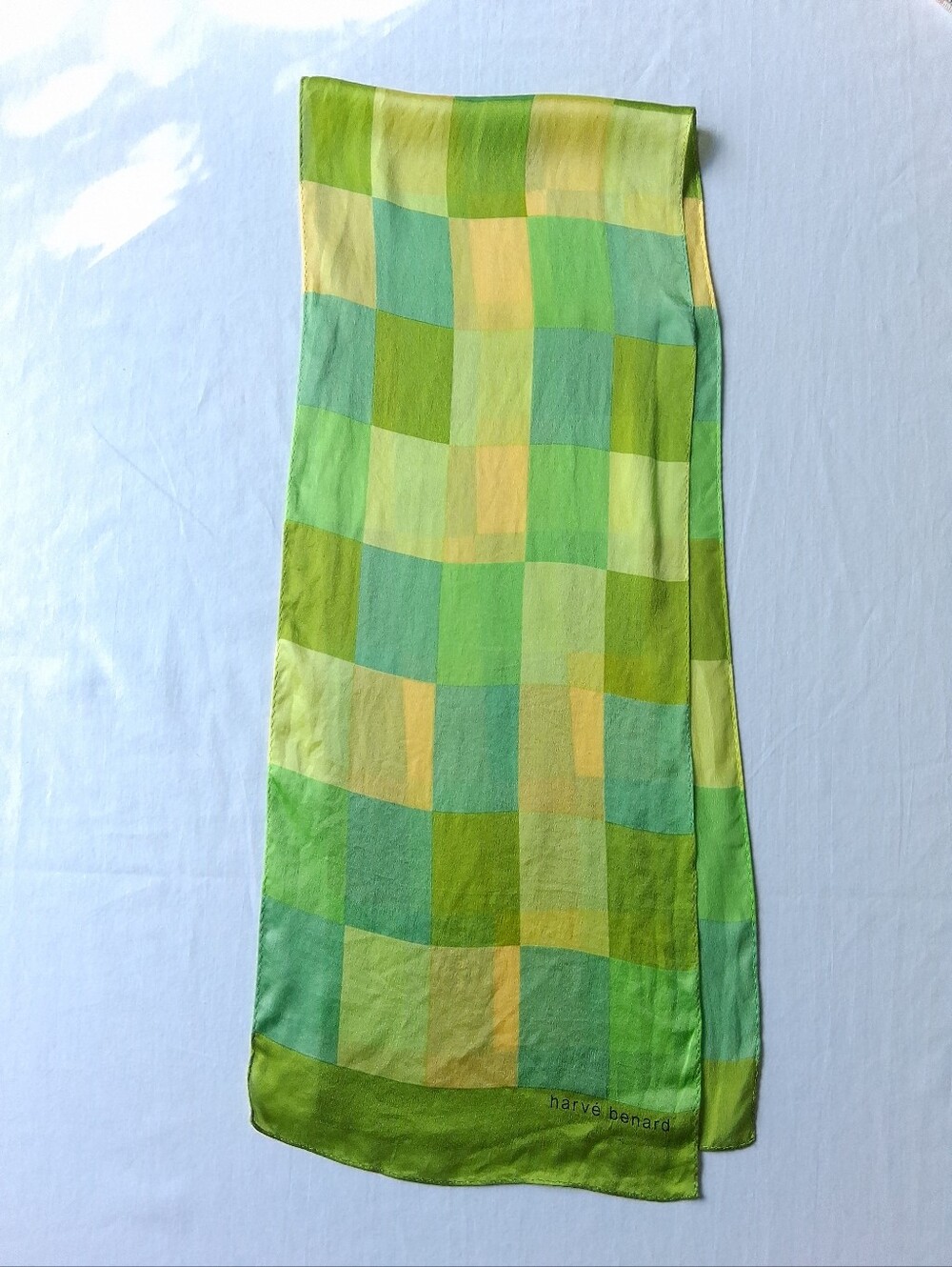 Harve Bernard Scarf Silk Abstract checker green and yellow rectangle